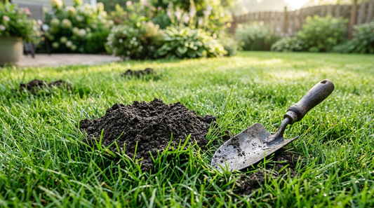 Frische Maulwurfshügel in einem grünen Rasen mit Gartenschaufel zum Entfernen