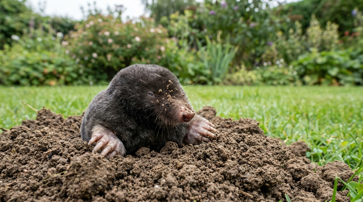Maulwurf schaut aus einem Maulwurfshügel im grünen Rasen