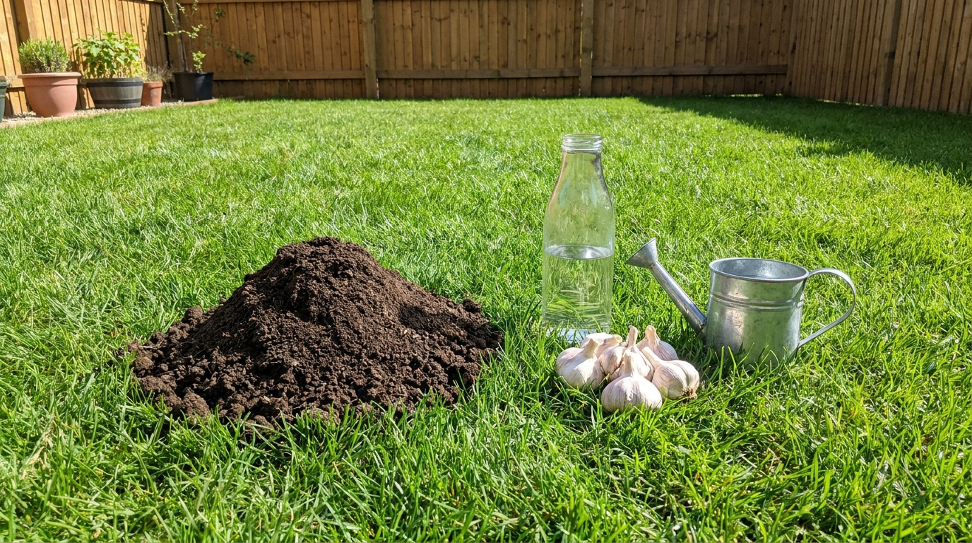 Grüner Rasen mit Maulwurfshügel und Hausmitteln gegen Maulwürfe