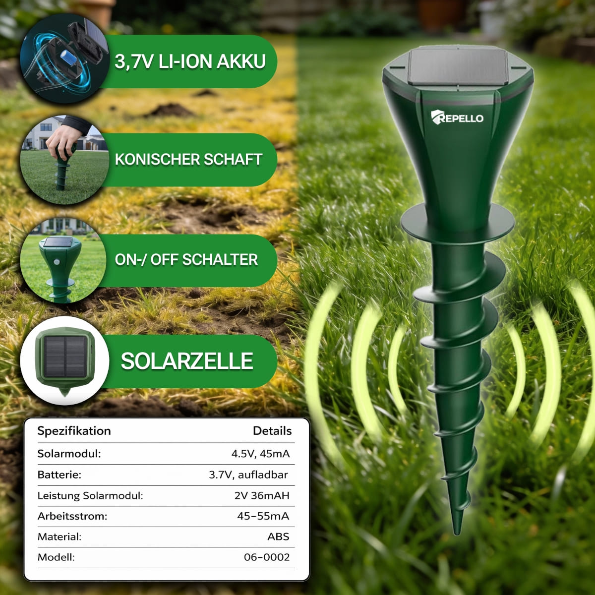 Sonic Pulse Pro™ | Abwehr gegen Maulwürfe, Wühlmäuse und Schlangen